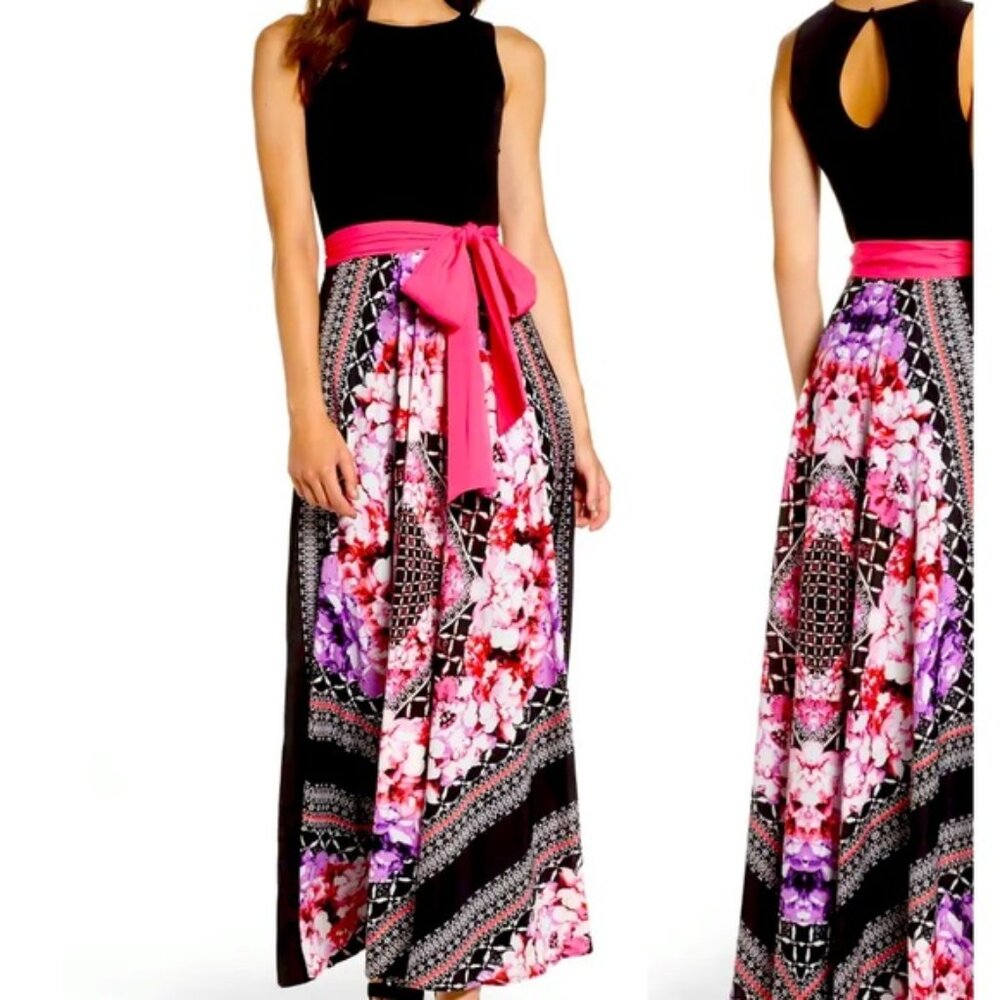 Eliza J Scarf Print Handkerchief Maxi Dress Black & Pink print -  Size 2